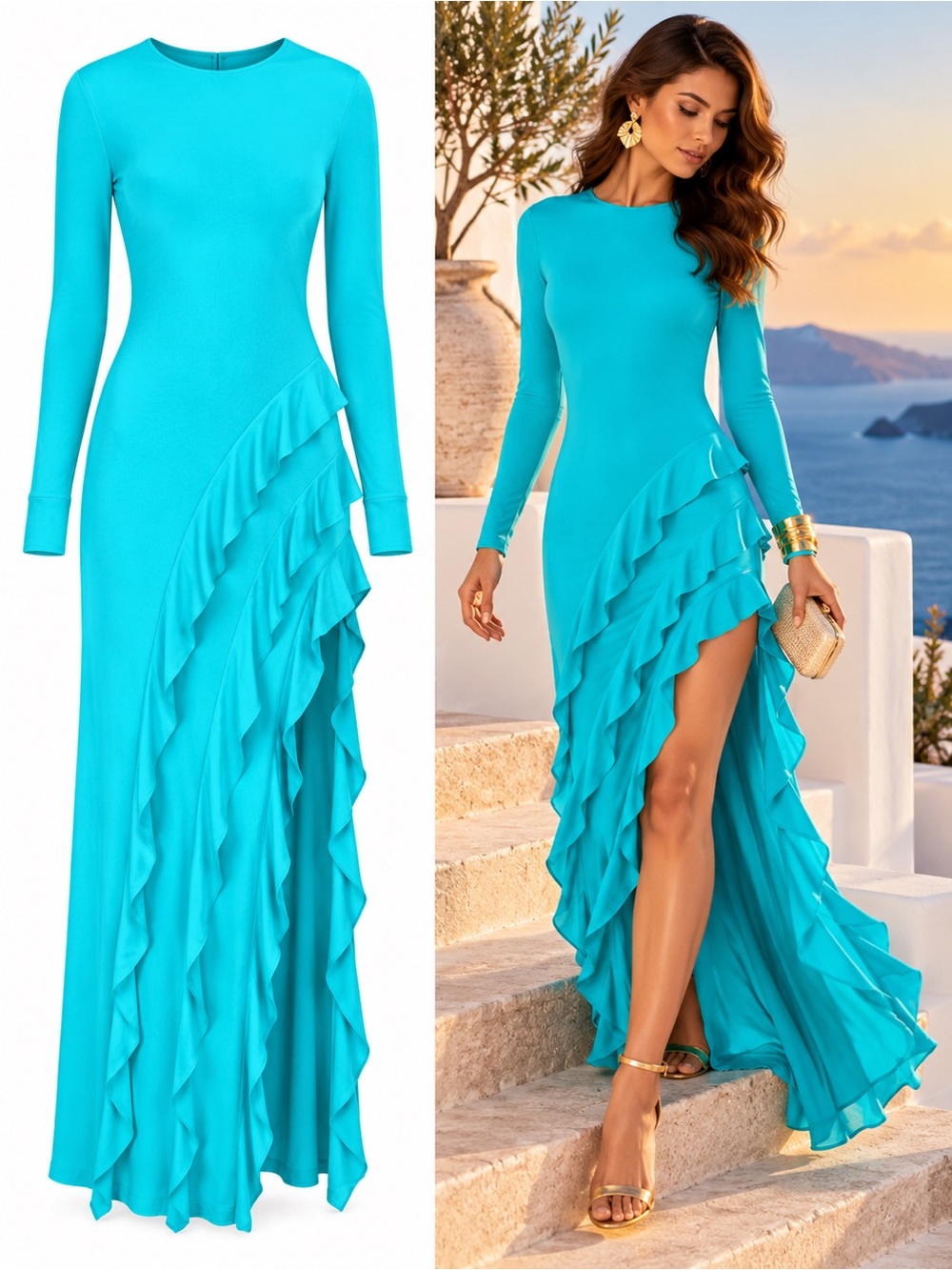AFRM Jacie Turquoise Ruffle Open Back High Slit Maxi Gown Size XL NWT